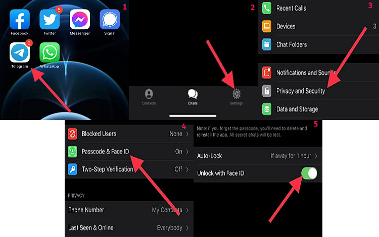 قفل تليجرام باستخدام Face ID على iPhone