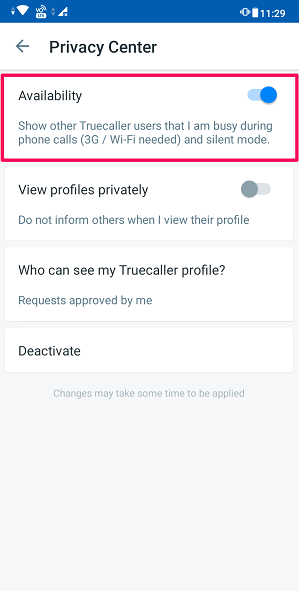Availblity Settings under Privacy center in truecaller