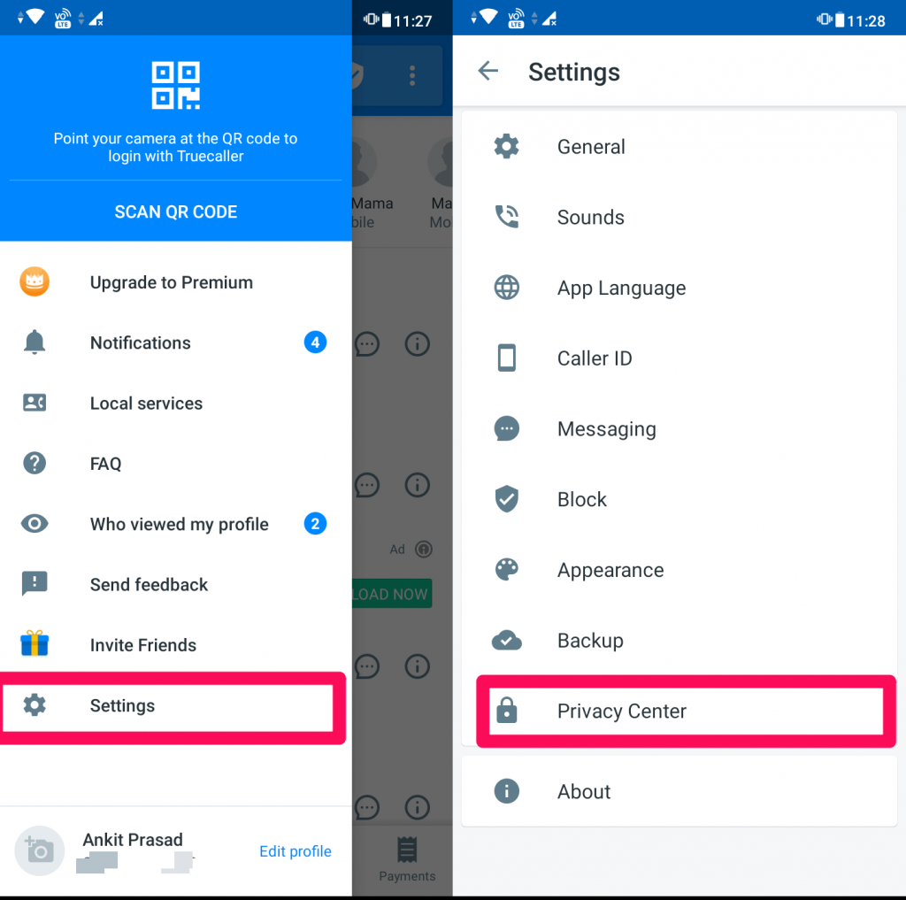 Privacy center under settongs option in truecaller app