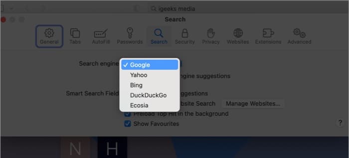 Click the drop down menu next to the Search engine option