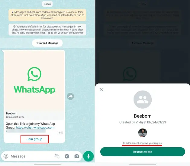 whatsapp group invite link request to join button