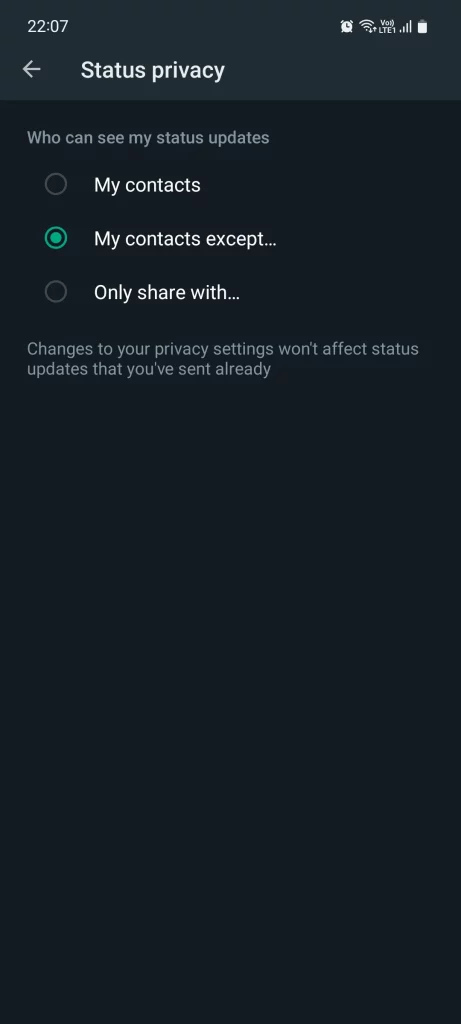 whatsapp status privacy menu