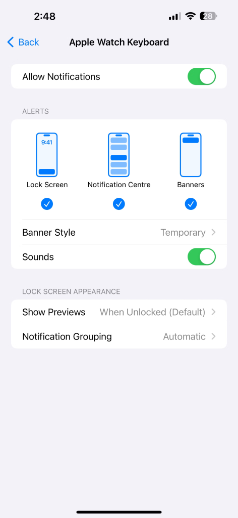 Apple Watch Keyboard notification settings