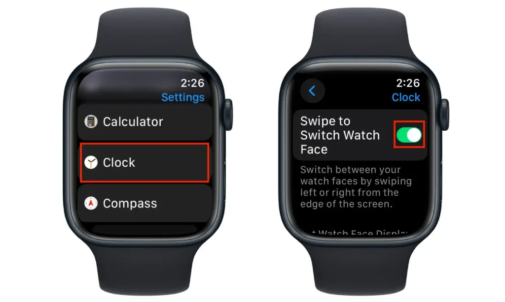 steps to enable swipe to switch watch face toggle on Apple Watch